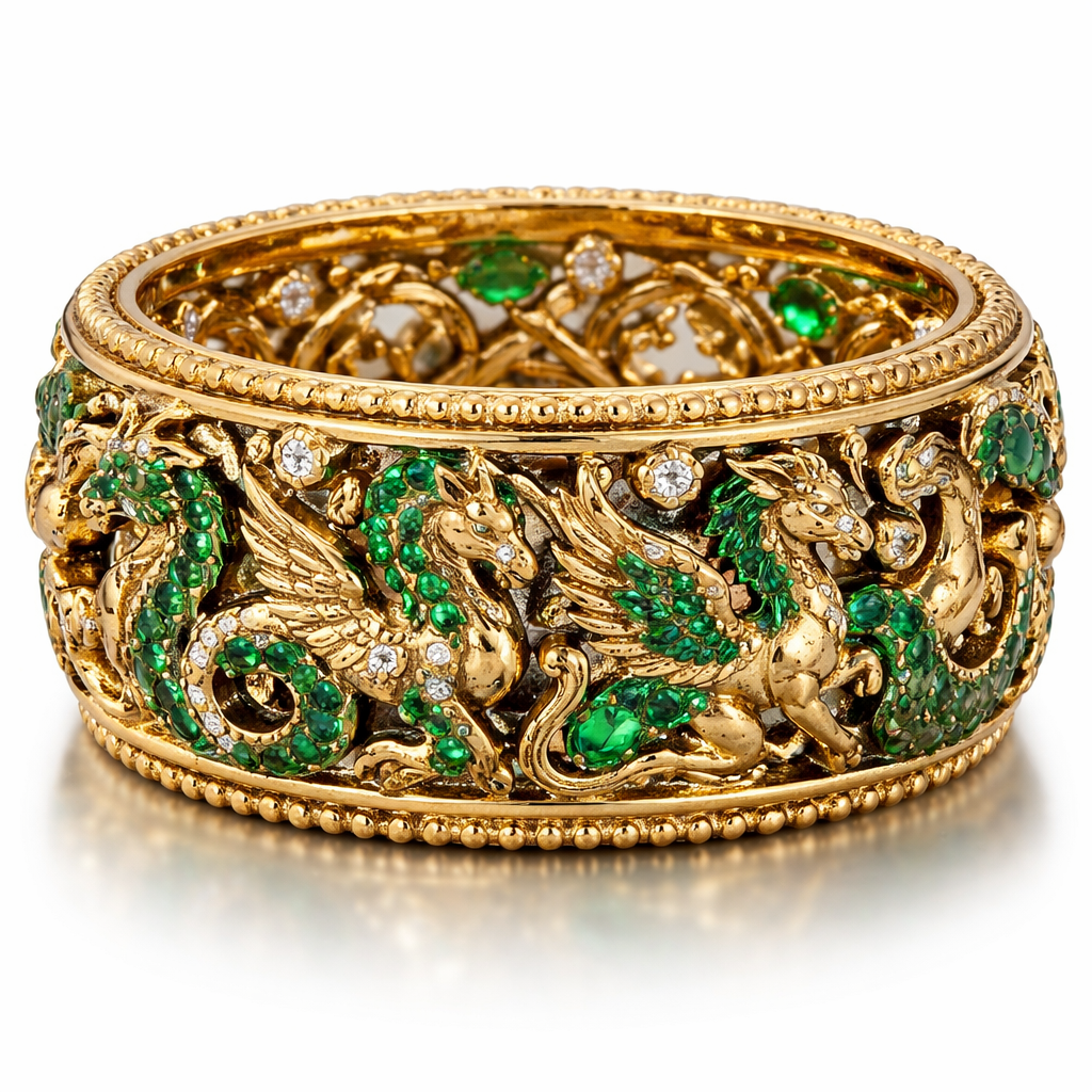 A golden band ring with every mythical creature but in emerald
A golden band ring with every mythical creature but in emerald, mythological style