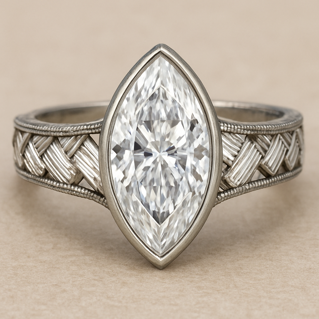 Bezel set 6 carat marquise diamond center stone with baguette diamonds in a herringbone pattern in the band