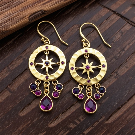 Серьги длинные на цепочках матовое золото мятое. Символ схематично созвездие. Маленькие фиолетовые камушки