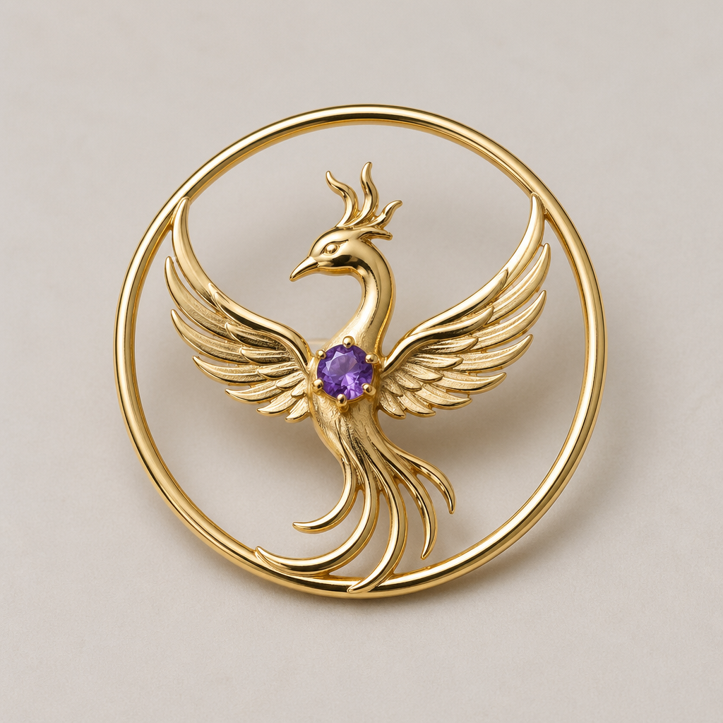 A minimalist women's brooch made of gold with amethyst stones suitable for daily wear. um brooch, em ouro, a joia em si, um circulo com a fenix no centro segurando a pedra pequena amethyst. um fio simples para usar no dia a dia com umtoque de charme
photorealistic jewelry design, A minimalist women's brooch made of gold with amethyst stones suitable for daily wear. um brooch, em ouro, a joia em si, um circulo com a fenix no centro segurando a pedra pequena amethyst. um fio simples para usar no dia a dia com umtoque de charme, minimalist style, just the design no text