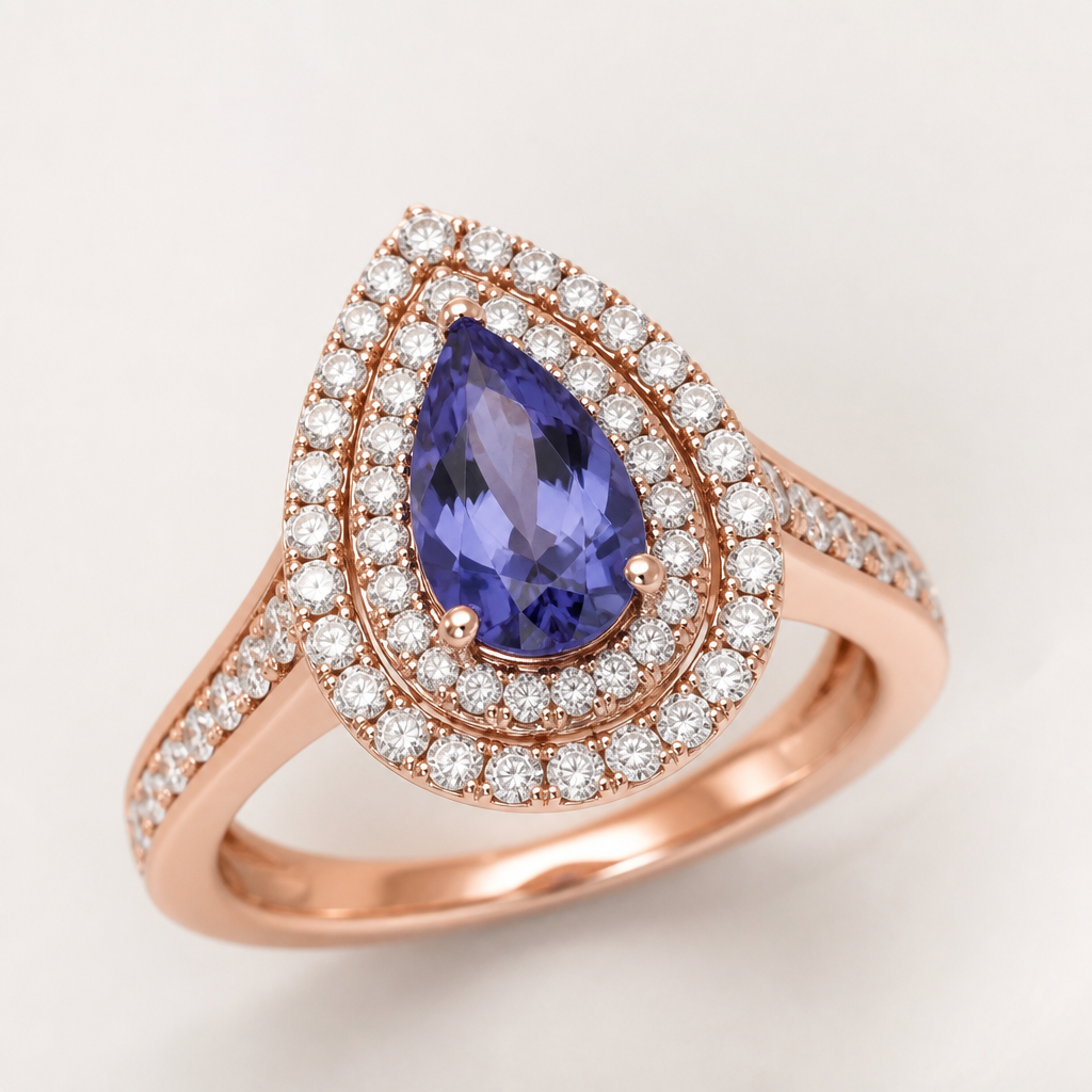 A classic women's ring made of rose gold with diamond stones suitable for birthday. anello con tanzanite a goccia con doppio contorno di diamanti montato su uro rosa con gambo largo in basso e stretto verso la pietra
photorealistic jewelry design, A classic women's ring made of rose gold with diamond stones suitable for birthday. anello con tanzanite a goccia con doppio contorno di diamanti montato su uro rosa con gambo largo in basso e stretto verso la pietra, classic style, just the design no text