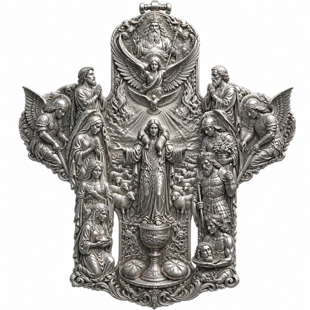 A sculptural women's pendant made of silver suitable for festival. An extraordinary excellent beautiful delicate and elegant, super modern Cross, without stones, without background only the Cross, with Jesus Christ as the Good Shepherd with a beautiful delicate and elegant face, with long hair, with a beautiful delicate elegant and fit body, with His hands wide open to receive all of us, with a beautiful delicate elegant and beautifully ornated tunic, with a beautiful delicate and elegant sheep on His shoulders, with a beautiful delicate and elegant flock of beautiful delicate and elegant sheep backward of Him. Over Jesus Christ and the flock to be placed the Holy Spirit as an Angel with a beautiful delicate and elegant face, with long hair, with big wings flying, with a beautiful delicate elegant and fit body, with a beautiful delicate elegant and beautifully ornated tunic under the Angel to be placed a beautiful delicate and elegant dove flying both of them the Angel and the dove to be surrounded by tongues of fire radiating light to Jesus Christ and the flock. Over the Holy Spirit to be placed God the Father with a beautiful delicate and elegant face, with long hair, with a beautiful delicate elegant and fit body, with a beautiful delicate and elegant tunic, with a beautiful delicate and elegant sceptre at His left hand blessing the world with His right hand, with a beautiful delicate elegant and beautifully ornated crown on His head. At the bottom of the Cross to be placed the Holy Communion with a beautiful delicate elegant and beautifully ornated chalice and two breads around the chalice. At the lower right side of the Cross to be stacked one by one Saint John the Baptist with a beautiful delicate elegant and beautifully ornated platter with his head on it. Over Saint John the Baptist to be placed Saint Constantine with a beautiful delicate and elegant face, with long hair, with a beautiful delicate and elegant crown on his head, with a beautiful delicate elegant and fit body, with a beautiful delicate and elegant armour holding a beautiful delicate elegant and beautifully ornated Cross. Over Saint Constantine to be placed Saint George with a beautiful delicate and elegant face, with long hair, with a beautiful delicate elegant and beautifully ornated helmet with a beautiful delicate elegant and fit body, with a beautiful delicate elegant and beautifully ornated armour, holding a beautiful delicate and elegant sword with his right hand at low position and near the floor giving respect to the Holy Trinity and Praying. Over Saint George to be placed Saint Peter the Apostle Praying. At the left lower side of the Cross to be placed stacked Saint Paraskevi with a beautiful delicate and elegant face, with long hair, with a beautiful delicate elegant and beautifully curved body, with a beautiful delicate elegant and beautifully ornated tunic holding a bowl with two eyes in it. Over Saint Paraskevi to be placed Saint Irene with a beautiful delicate and elegant face, with long hair, with a beautiful delicate elegant and beautifully ornated wreath on her head, with a beautiful delicate elegant and beautifully curved body, with a beautiful delicate elegant and beautifully ornated tunic Praying. Over Saint Irene to be placed Virgo Maria with a beautiful delicate and elegant face, with beautifully ornated long hair, with a beautiful delicate elegant and beautifully curved body, with a beautiful delicate elegant and beautifully ornated tunic Praying. Over Virgo Maria to be placed Saint Paul the Apostle Praying. At the right side of the Cross to be placed Saint Michael the Archangel with a beautiful delicate and elegant face, with long hair, with a beautiful delicate elegant and beautifully ornated helmet, with a beautiful delicate elegant and fit body, with big wings flying, with a beautiful delicate elegant and beautifully ornated armour, holding His beautiful delicate elegant and beautifully ornated sword low to the ground giving respect to the Holy Trinity and Praying. In front of Saint Michael the Archangel to be placed Saint Gabriel the Archangel with a beautiful delicate and elegant face, with long hair, with a beautiful delicate elegant and beautifully ornated helmet on His head, with a beautiful delicate elegant and fit body, with big wings flying, with a beautiful delicate elegant and beautifully ornated armour, holding a beautiful delicate elegant and beautifully ornated bucket of lilyes and Praying. At the left side of the Cross to be placed Saint Rafael the Archangel with a beautiful delicate and elegant face, with long hair, with a beautiful delicate elegant and beautifully ornated helmet, with a beautiful delicate elegant and fit body, with big wings flying, with a beautiful delicate elegant and beautifully ornated armour, holding a beautiful delicate elegant and beautifully ornated sword with his right hand low giving respect to the Holy Trinity and Praying. In front of Saint Rafael the Archangel to be placed the Guardian Angel with a beautiful delicate and elegant face, with long hair, with a beautiful delicate elegant and beautifully ornated with flowers wreath on His head, with a beautiful delicate elegant and fit body, with a beautiful delicate elegant and beautifully ornated tunic Praying. Make all the Angels, the Saints, God the Father, the Holy Spirit and Jesus Christ and the flock as statues.
photorealistic jewelry design, A sculptural women's pendant made of silver suitable for festival. An extraordinary excellent beautiful delicate and elegant, super modern Cross, without stones, without background only the Cross, with Jesus Christ as the Good Shepherd with a beautiful delicate and elegant face, with long hair, with a beautiful delicate elegant and fit body, with His hands wide open to receive all of us, with a beautiful delicate elegant and beautifully ornated tunic, with a beautiful delicate and elegant sheep on His shoulders, with a beautiful delicate and elegant flock of beautiful delicate and elegant sheep backward of Him. Over Jesus Christ and the flock to be placed the Holy Spirit as an Angel with a beautiful delicate and elegant face, with long hair, with big wings flying, with a beautiful delicate elegant and fit body, with a beautiful delicate elegant and beautifully ornated tunic under the Angel to be placed a beautiful delicate and elegant dove flying both of them the Angel and the dove to be surrounded by tongues of fire radiating light to Jesus Christ and the flock. Over the Holy Spirit to be placed God the Father with a beautiful delicate and elegant face, with long hair, with a beautiful delicate elegant and fit body, with a beautiful delicate and elegant tunic, with a beautiful delicate and elegant sceptre at His left hand blessing the world with His right hand, with a beautiful delicate elegant and beautifully ornated crown on His head. At the bottom of the Cross to be placed the Holy Communion with a beautiful delicate elegant and beautifully ornated chalice and two breads around the chalice. At the lower right side of the Cross to be stacked one by one Saint John the Baptist with a beautiful delicate elegant and beautifully ornated platter with his head on it. Over Saint John the Baptist to be placed Saint Constantine with a beautiful delicate and elegant face, with long hair, with a beautiful delicate and elegant crown on his head, with a beautiful delicate elegant and fit body, with a beautiful delicate and elegant armour holding a beautiful delicate elegant and beautifully ornated Cross. Over Saint Constantine to be placed Saint George with a beautiful delicate and elegant face, with long hair, with a beautiful delicate elegant and beautifully ornated helmet with a beautiful delicate elegant and fit body, with a beautiful delicate elegant and beautifully ornated armour, holding a beautiful delicate and elegant sword with his right hand at low position and near the floor giving respect to the Holy Trinity and Praying. Over Saint George to be placed Saint Peter the Apostle Praying. At the left lower side of the Cross to be placed stacked Saint Paraskevi with a beautiful delicate and elegant face, with long hair, with a beautiful delicate elegant and beautifully curved body, with a beautiful delicate elegant and beautifully ornated tunic holding a bowl with two eyes in it. Over Saint Paraskevi to be placed Saint Irene with a beautiful delicate and elegant face, with long hair, with a beautiful delicate elegant and beautifully ornated wreath on her head, with a beautiful delicate elegant and beautifully curved body, with a beautiful delicate elegant and beautifully ornated tunic Praying. Over Saint Irene to be placed Virgo Maria with a beautiful delicate and elegant face, with beautifully ornated long hair, with a beautiful delicate elegant and beautifully curved body, with a beautiful delicate elegant and beautifully ornated tunic Praying. Over Virgo Maria to be placed Saint Paul the Apostle Praying. At the right side of the Cross to be placed Saint Michael the Archangel with a beautiful delicate and elegant face, with long hair, with a beautiful delicate elegant and beautifully ornated helmet, with a beautiful delicate elegant and fit body, with big wings flying, with a beautiful delicate elegant and beautifully ornated armour, holding His beautiful delicate elegant and beautifully ornated sword low to the ground giving respect to the Holy Trinity and Praying. In front of Saint Michael the Archangel to be placed Saint Gabriel the Archangel with a beautiful delicate and elegant face, with long hair, with a beautiful delicate elegant and beautifully ornated helmet on His head, with a beautiful delicate elegant and fit body, with big wings flying, with a beautiful delicate elegant and beautifully ornated armour, holding a beautiful delicate elegant and beautifully ornated bucket of lilyes and Praying. At the left side of the Cross to be placed Saint Rafael the Archangel with a beautiful delicate and elegant face, with long hair, with a beautiful delicate elegant and beautifully ornated helmet, with a beautiful delicate elegant and fit body, with big wings flying, with a beautiful delicate elegant and beautifully ornated armour, holding a beautiful delicate elegant and beautifully ornated sword with his right hand low giving respect to the Holy Trinity and Praying. In front of Saint Rafael the Archangel to be placed the Guardian Angel with a beautiful delicate and elegant face, with long hair, with a beautiful delicate elegant and beautifully ornated with flowers wreath on His head, with a beautiful delicate elegant and fit body, with a beautiful delicate elegant and beautifully ornated tunic Praying. Make all the Angels, the Saints, God the Father, the Holy Spirit and Jesus Christ and the flock as statues., sculptural style, just the design no text