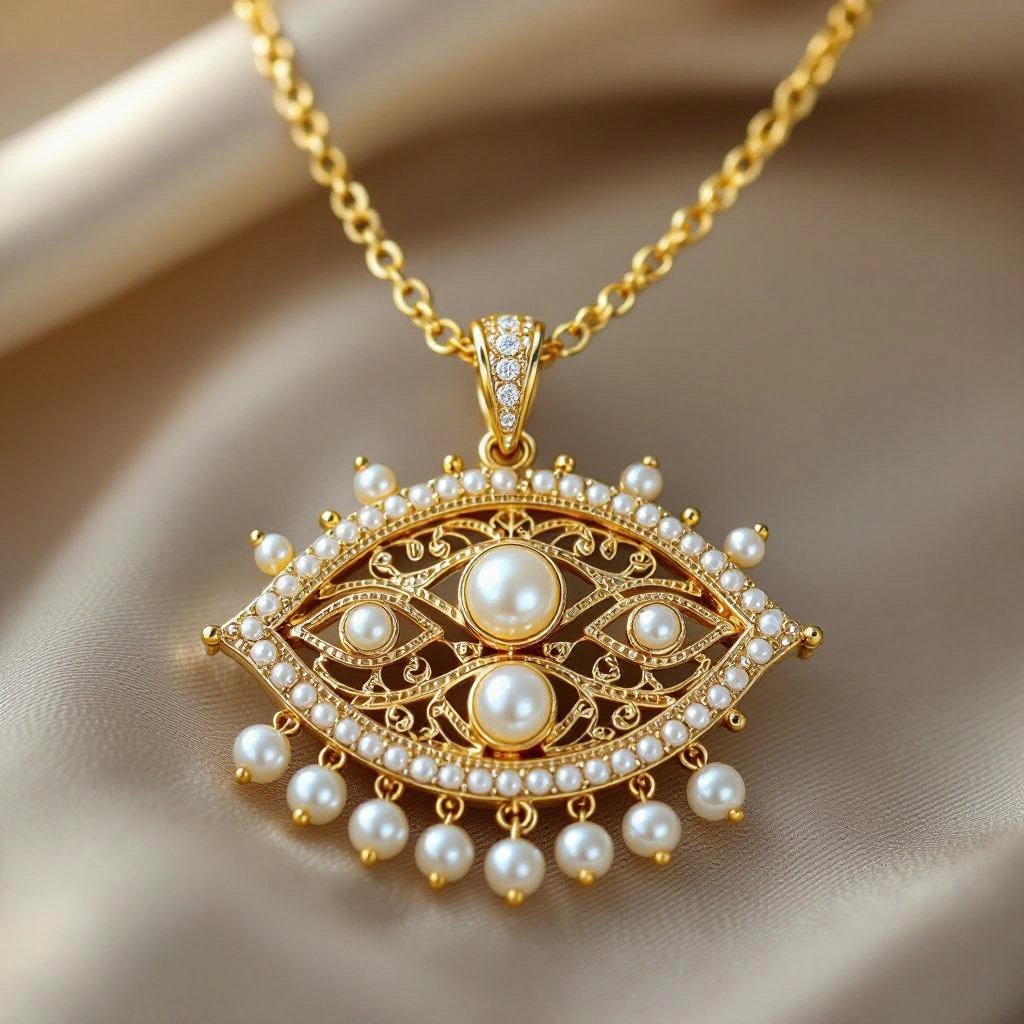 Кулон на длинной цепочке. Матовое светлое золото. В цепочке небольшие золотые шарики и жемчуг. Кулон в форме трех глаз, два горизонтально и один между ними сверху вертикально узоры завитушки 