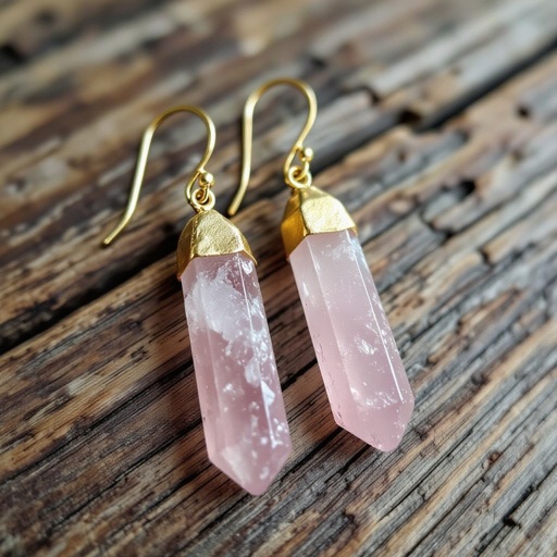 Серьги матовое золото с эффектом неровности Необработанный бледно розовый кварц в виде длинного кристалла