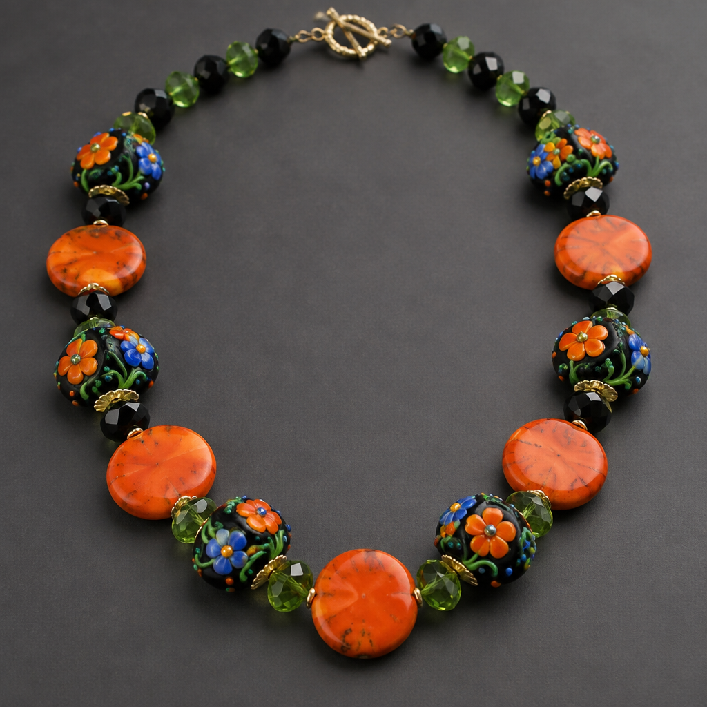 faceted green beads 6mm, black faceted beads 6mm, lamp work 15mm discs black with orange and blue flowers with green vines, and 17mm orange coral disc beads
photorealistic jewelry design, faceted green beads 6mm, black faceted beads 6mm, lamp work 15mm discs black with orange and blue flowers with green vines, and 17mm orange coral disc beads , statement style, just the design no text