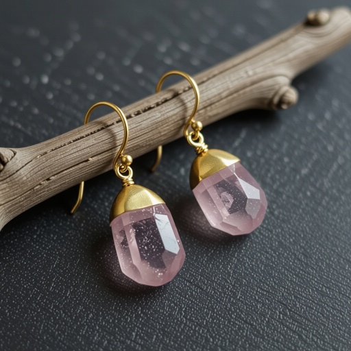 Серьги матовое золото с эффектом неровности Необработанный бледно розовый кварц в виде длинного кристалла