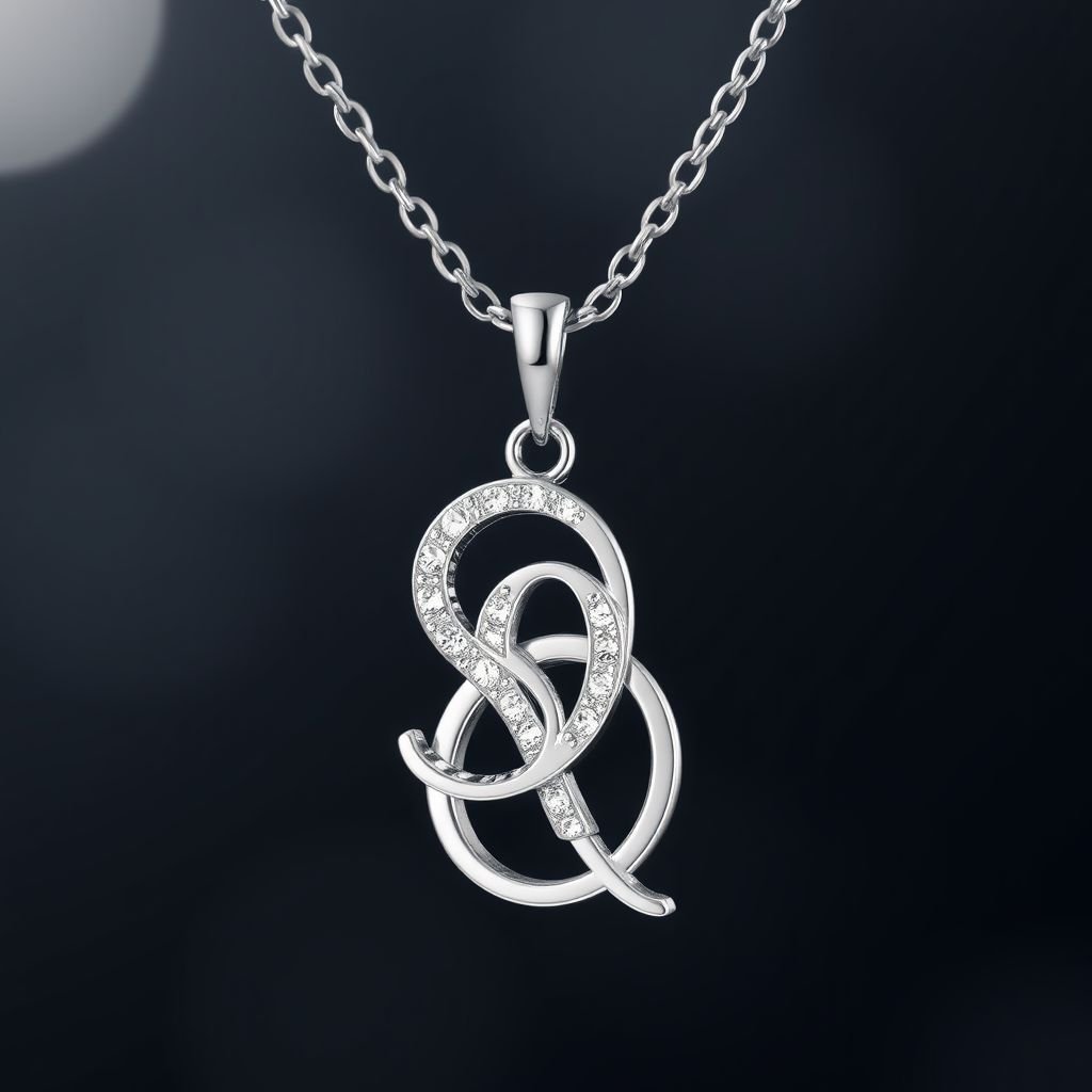 silver necklace with the pendant in conjoined letters SQ with white  stones. Make it cute and simple 