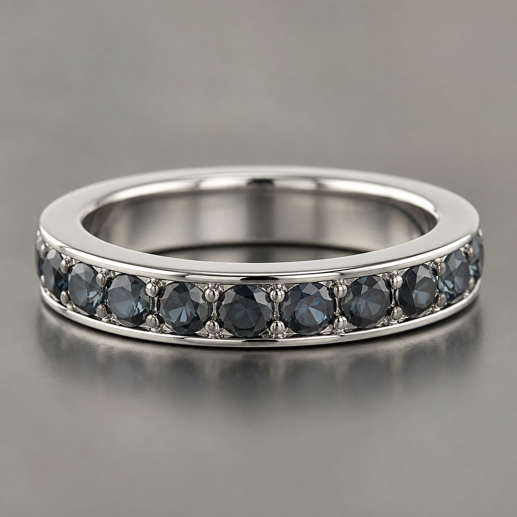 The ring is 4 millimeters thick, it has a silver base, and around that base is dark ash blue round diamonds
photorealistic jewelry design, The ring is 4 millimeters thick, it has a silver base, and around that base is dark ash blue round diamonds, scandinavian style, just the design no text