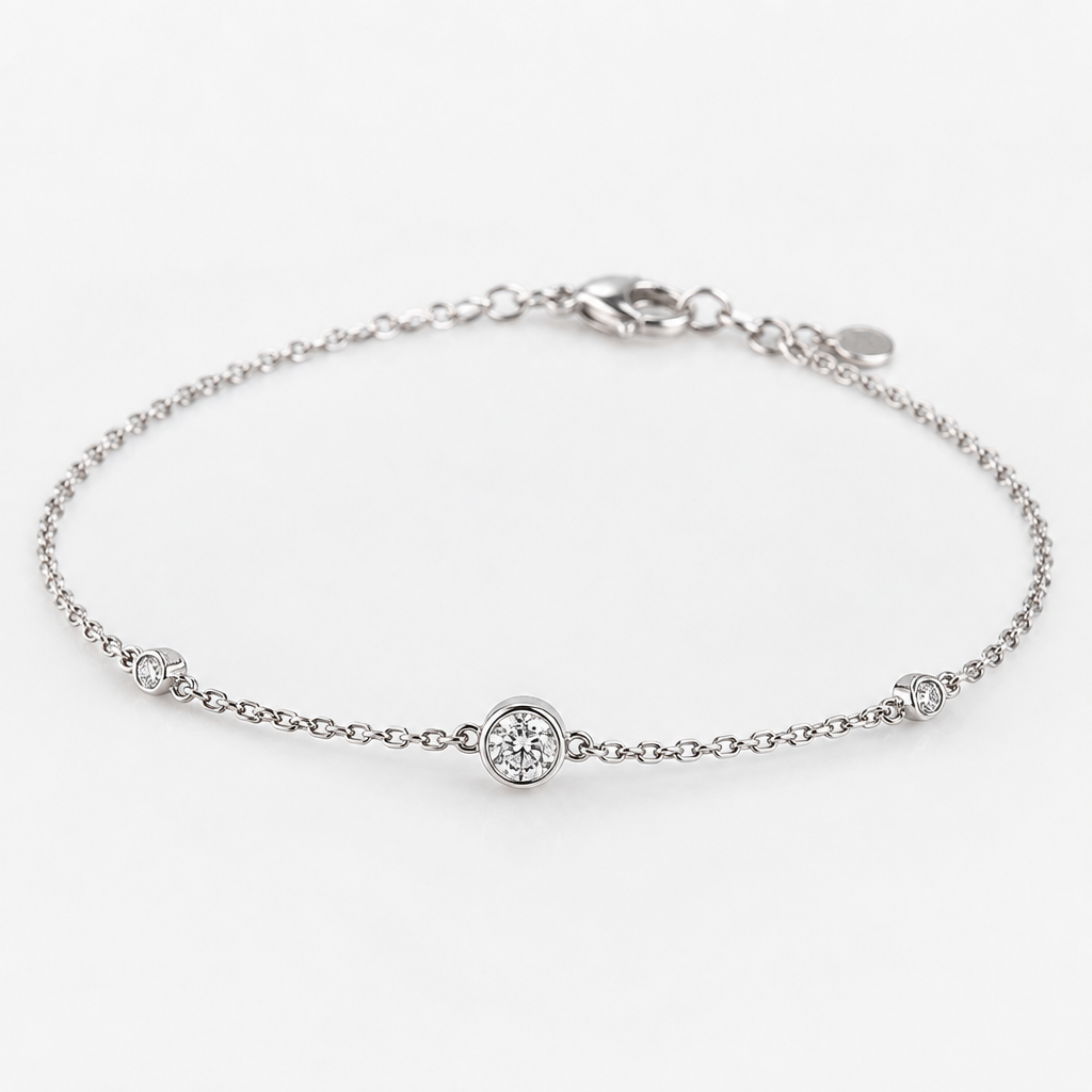 A modern women's bracelet made of white gold with diamond stones suitable for daily wear, minimalist, simple and delicate, clean lines
photorealistic jewelry design, A modern women's bracelet made of white gold with diamond stones suitable for daily wear, minimalist, simple and delicate, clean lines, modern style, just the design no text