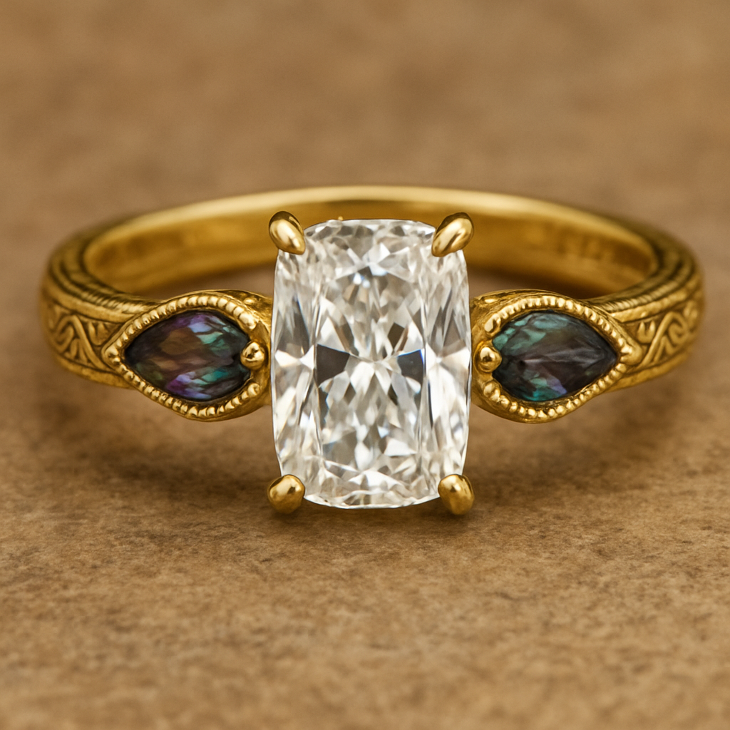2 carat elongated cushion cut diamond engagement ring with double claw prongs in yellow gold ring with marquise shaped alexandrite side stones