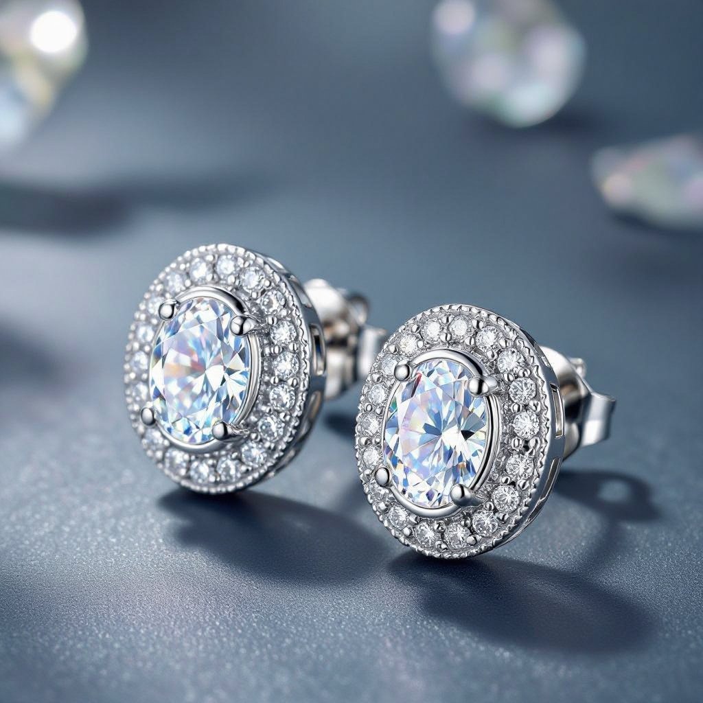 Oval design for stud in the center and half way stones through the outer oval