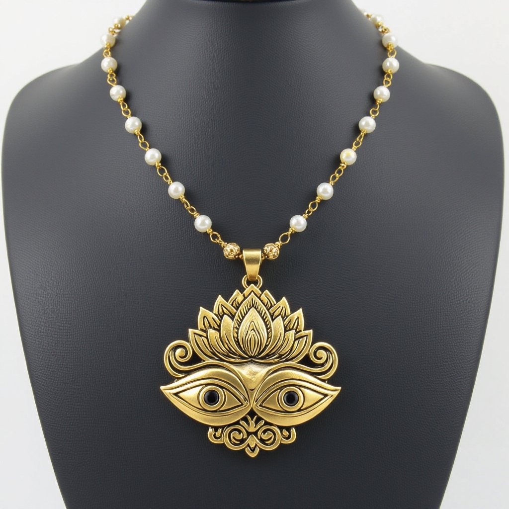Кулон на длинной цепочке. Матовое светлое золото. В цепочке небольшие золотые шарики и жемчуг. Кулон в виде двух глаз над ними лотос узоры завитушки 