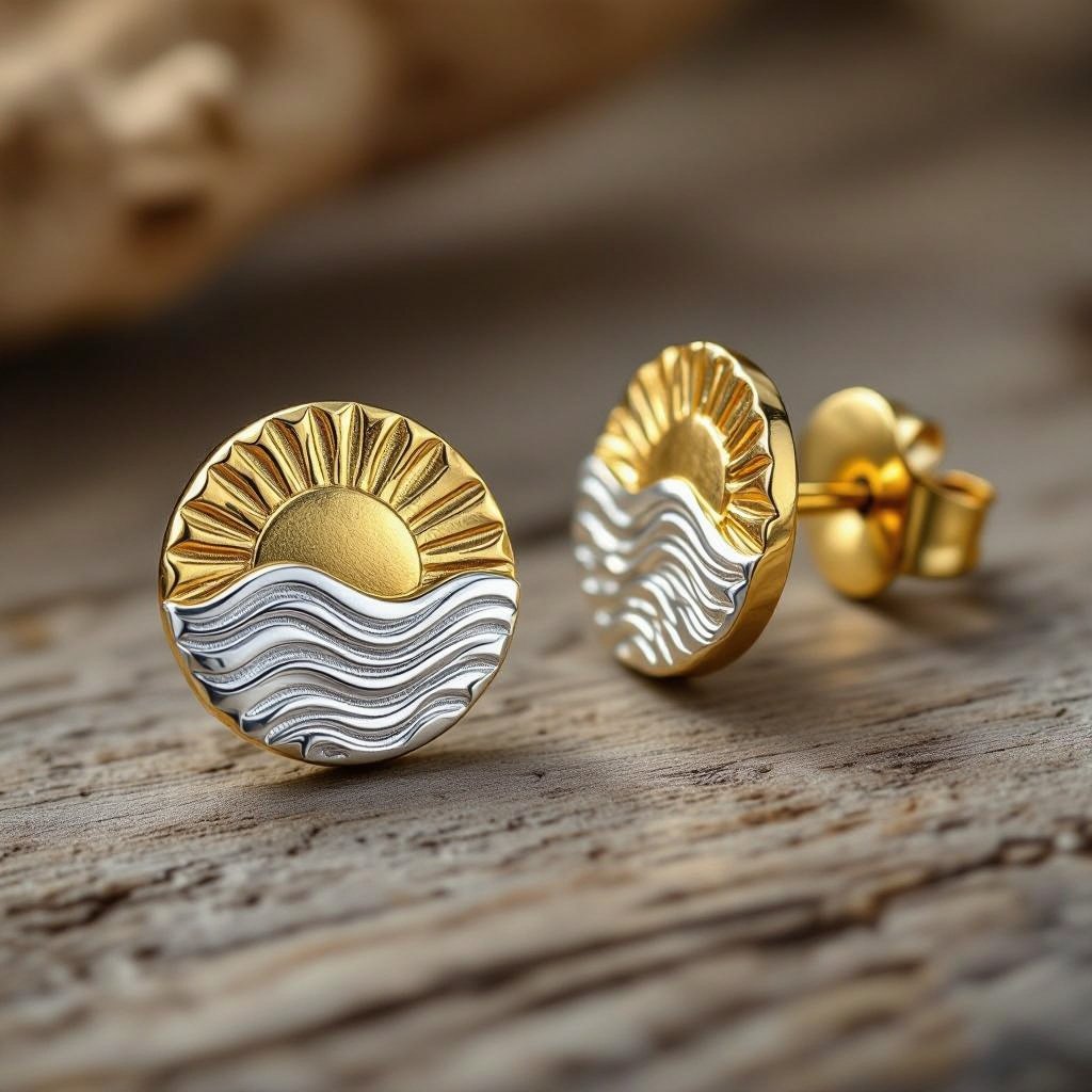 Золотые серьги полукруг половинка горящего солнца мятое неровное золото лучи волнистые другая половинка круга серебряная