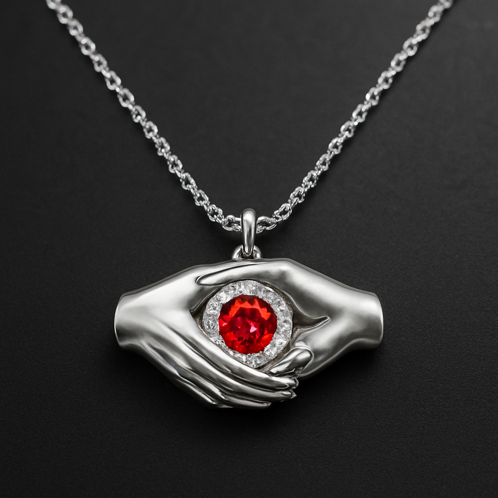 Silberne dünne Kette komplett mit kleinen Diamenten, 2Hände die sich festhalten als Anhänger und in der Mitte in Rund gefasst ein roter Diamant