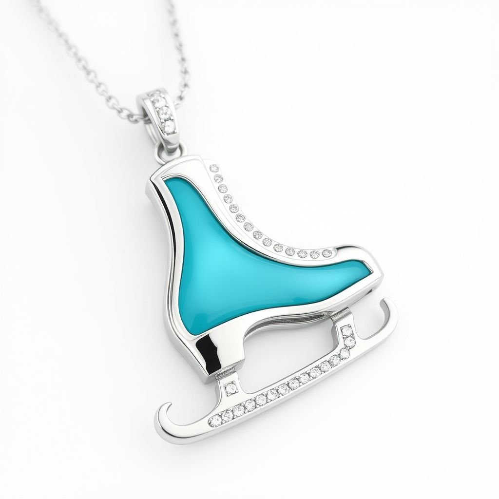 Silver Pendant shape one ice skate with turquoise stripe inside the low thin part blade 