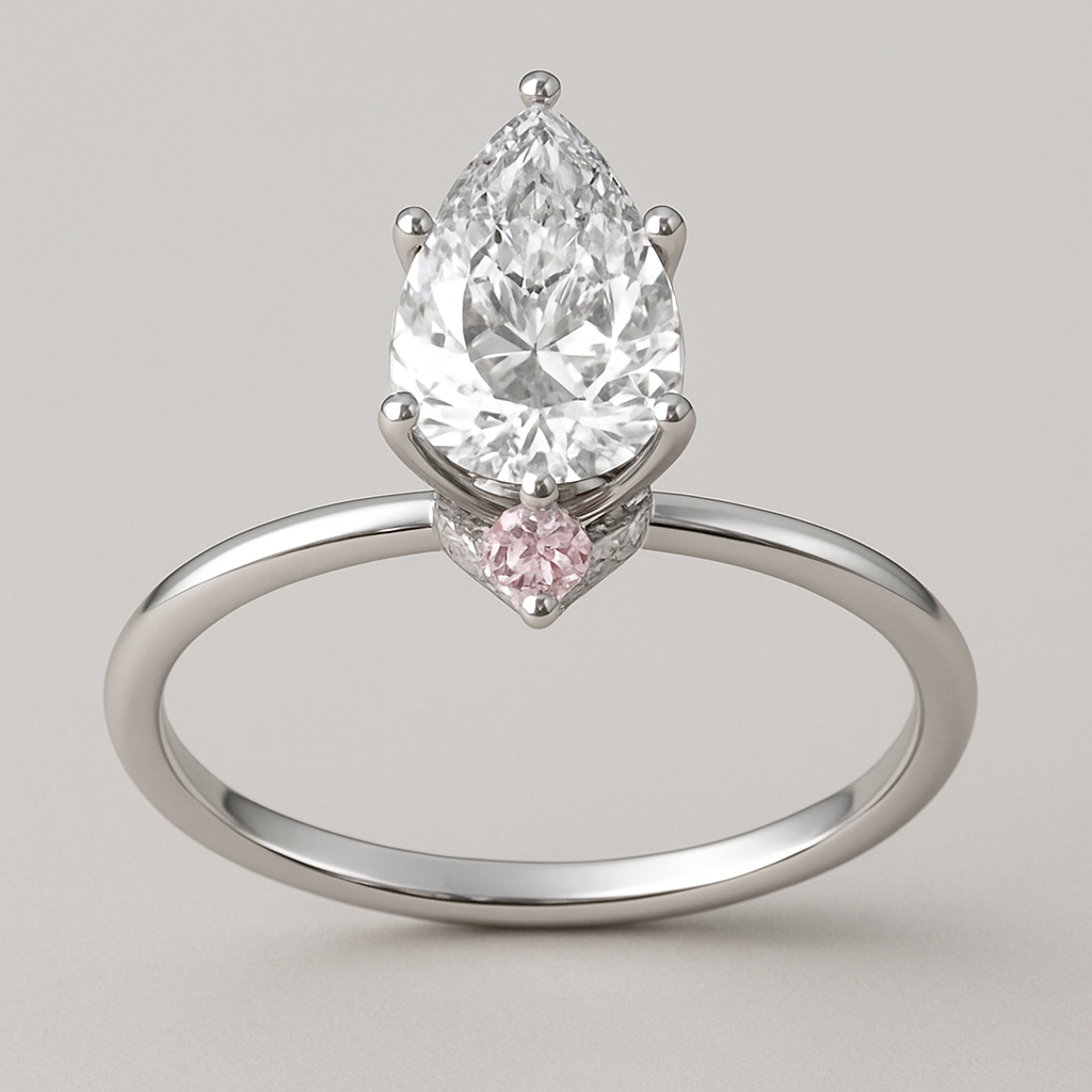 “Make me a diamond engagement ring with a pear diamond that is large is shiny, silver band, but make it unique and fit for an elegant princess. Think dainty but loud and regal at the same time. Incorporate a second light pink diamond underneath the the main diamond. Make the band thinner and have a hidden halo with a modern tulip basket setting with 6 prongs. Dainty but regal.  Make the band thinner and have a hidden halo with a modern tulip basket setting with 6 prongs.”