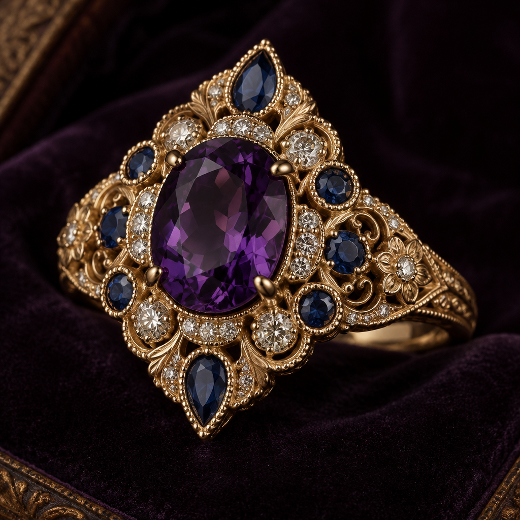 A vintage women's ring made of rose gold with diamond and aquamarine and amethyst stones suitable for daily wear, detailed and decorative, moderately ornate. Vintage Royal Amethyst, Sapphire & Diamond Jewelry
Design an exquisite vintage-inspired luxury jewel influenced by Edwardian and Art Deco high jewelry from the 1920s. Feature a large, deep violet amethyst as the central gemstone, surrounded by brilliant-cut diamonds and rich royal-blue sapphires arranged in an intricate, symmetrical pattern. Set the gemstones in polished yellow gold with delicate filigree, milgrain edges, fine engraved details, and elegant floral motifs. The design should feel regal, romantic, mysterious, and timeless, like a rare heirloom from an old European royal family. Intricate craftsmanship, realistic gemstones, luxurious antique aesthetic, refined proportions, photorealistic jewelry rendering, soft dramatic lighting, dark velvet background.
photorealistic jewelry design, A vintage women's ring made of rose gold with diamond and aquamarine and amethyst stones suitable for daily wear, detailed and decorative, moderately ornate. Vintage Royal Amethyst, Sapphire & Diamond Jewelry
Design an exquisite vintage-inspired luxury jewel influenced by Edwardian and Art Deco high jewelry from the 1920s. Feature a large, deep violet amethyst as the central gemstone, surrounded by brilliant-cut diamonds and rich royal-blue sapphires arranged in an intricate, symmetrical pattern. Set the gemstones in polished yellow gold with delicate filigree, milgrain edges, fine engraved details, and elegant floral motifs. The design should feel regal, romantic, mysterious, and timeless, like a rare heirloom from an old European royal family. Intricate craftsmanship, realistic gemstones, luxurious antique aesthetic, refined proportions, photorealistic jewelry rendering, soft dramatic lighting, dark velvet background., vintage style, just the design no text