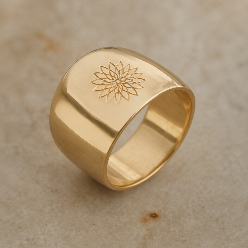 A luxury women's ring made of gold, minimalist, simple and delicate, clean lines. stamp a minimalist dahlia on top
using the attached image as a visual reference, create A luxury women's ring made of gold, minimalist, simple and delicate, clean lines. stamp a minimalist dahlia on top. photorealistic, just the design no text