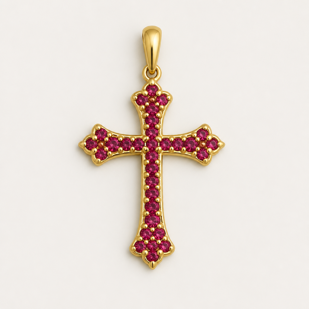 Dainty and feminine Gold cross with pavé rubies
photorealistic jewelry design, Dainty and feminine Gold cross with pavé rubies , bespoke style, just the design no text