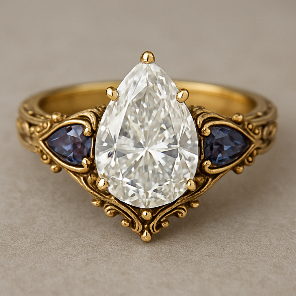 2 carat pear cut diamond engagement ring with double claw prongs in yellow gold ring with marquise shaped alexandrite side stones