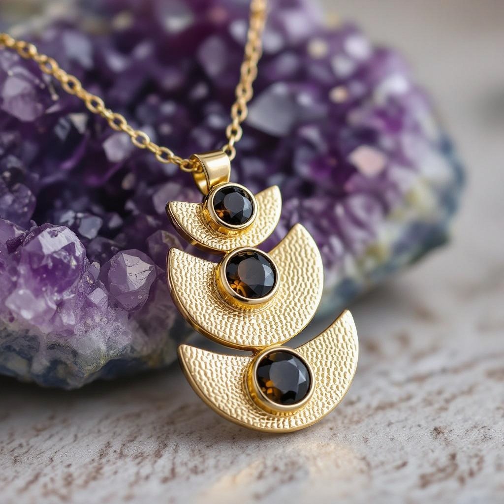 Подвеска из трех полумесяцев с узорами и камнями раухтопаза из матового неровного светлого золота с узорами соединенных цепочкой сверху самый широкий полукруг дальше средний и снизу самый маленький