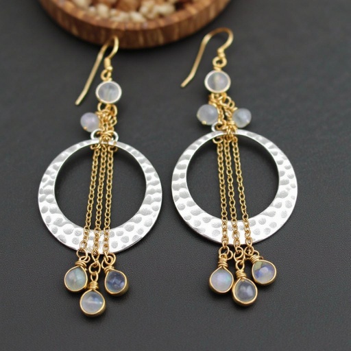 Серебряные серьги словно мятое серебро в форме полумесяца вертикальныйсверху крепится к швензе. От полумесяца идет три цепочки золотого цвета, у каждой на конце мелкий камушек лунный камень