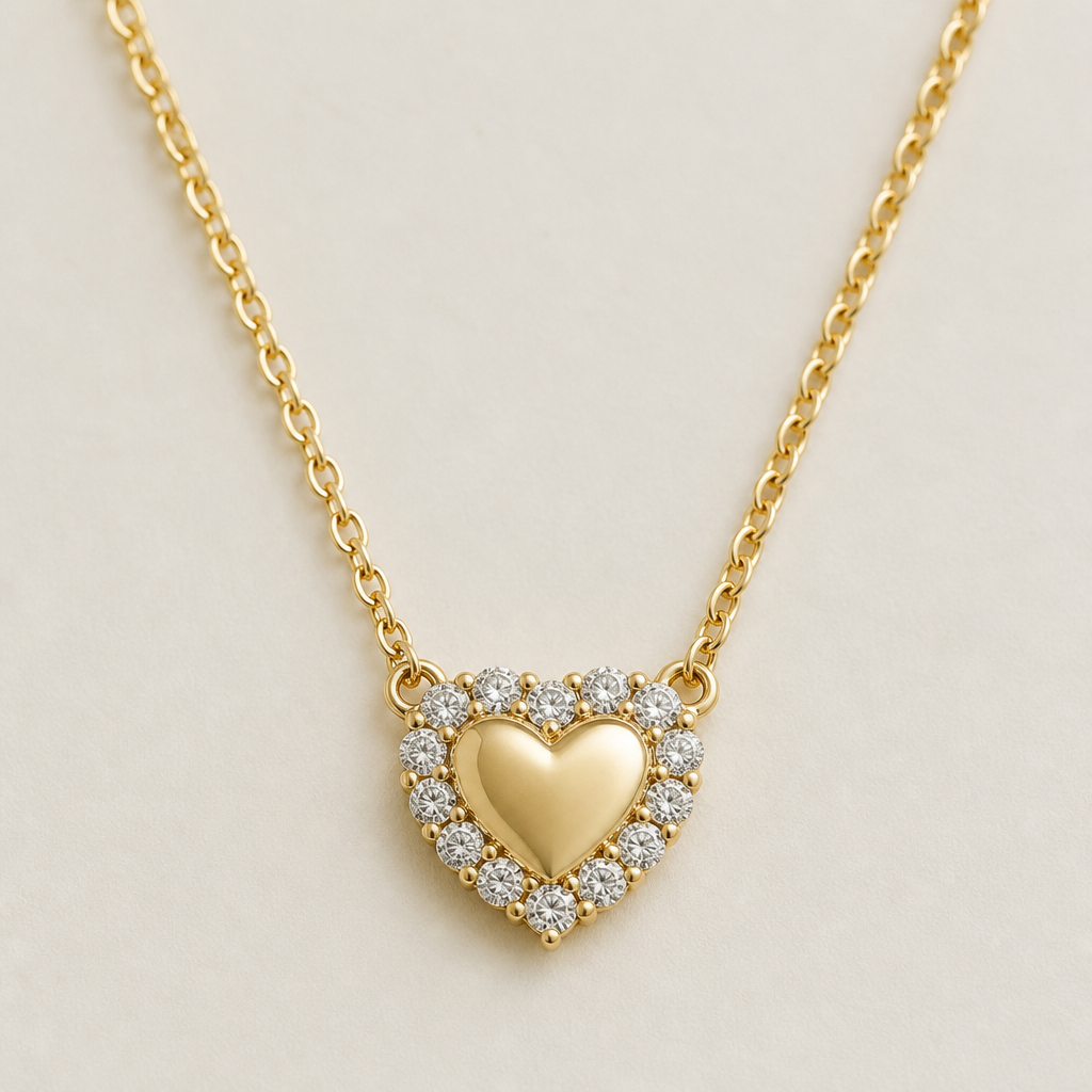 Create small heart necklace made of a solid gold surrounded by tiny diamonds looking like van cleef jewelry
photorealistic jewelry design, Create small heart necklace made of a solid gold surrounded by tiny diamonds looking like van cleef jewelry , just the design no text