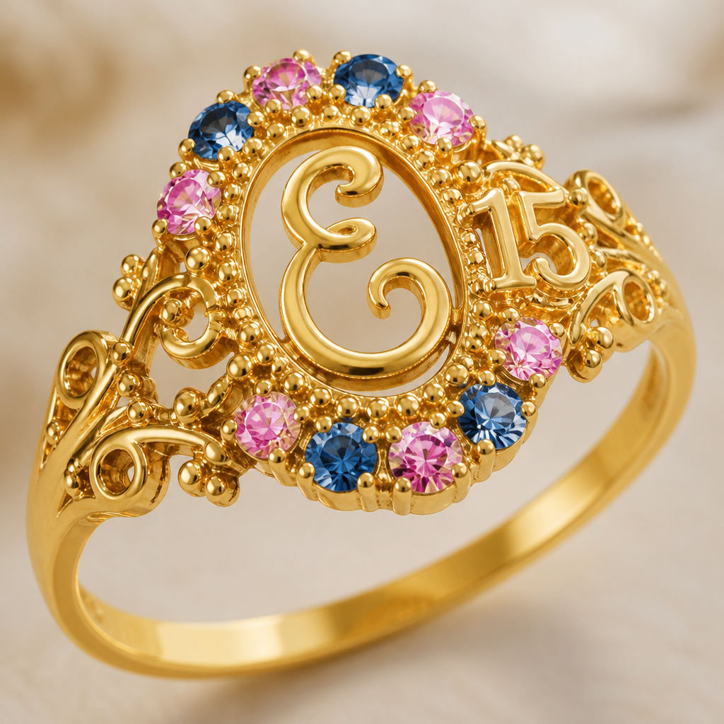 A classic women's ring made of gold, highly ornate, intricate and elaborate, richly detailed. um anel de 15 anos com inicial E com pedrinhas azul e pedrinhas rosa em volta
photorealistic jewelry design, A classic women's ring made of gold, highly ornate, intricate and elaborate, richly detailed. um anel de 15 anos com inicial E com pedrinhas azul e pedrinhas rosa em volta, classic style, just the design no text