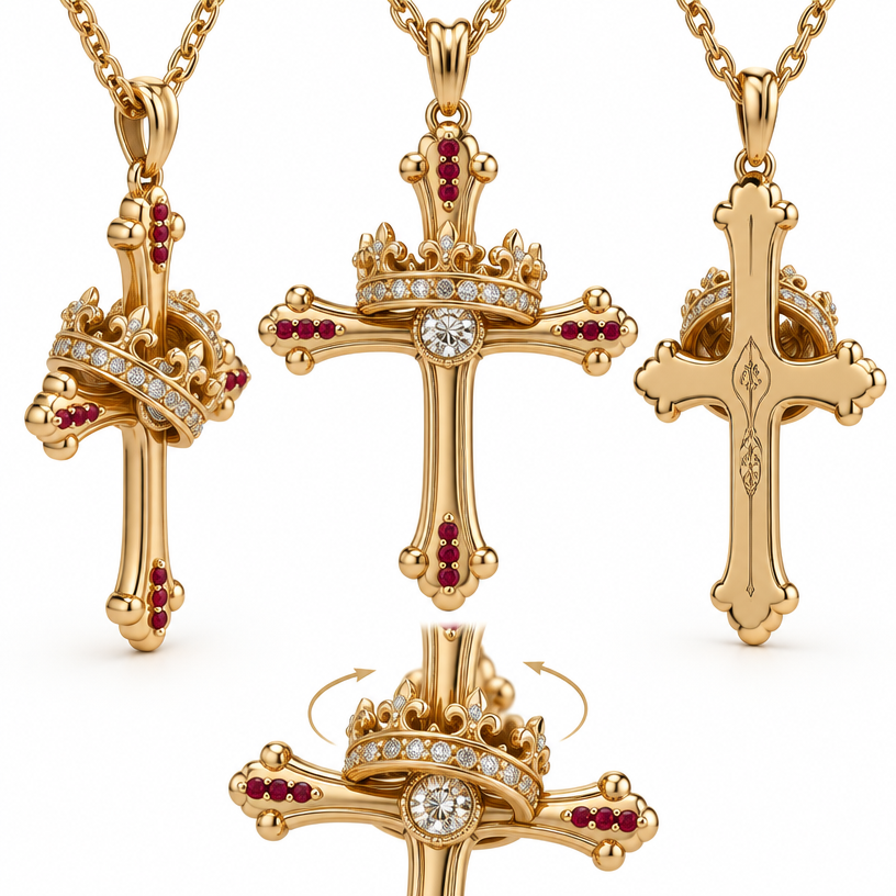 A women's ring. a gold cross necklace with a diamond in the middle and three little rubies in every point in a straight line they are very small, and a moveable gold crown on the cross with the words he is with you in the crown ant it it should be a kings crown and little diamonds all around and it's in the middle and the crown goes over one point sides and it can spin. on the backof the cross is a ingravemet the Bible verse 1 Peter 5:7
using the attached image as a visual reference, create A women's ring. a gold cross necklace with a diamond in the middle and three little rubies in every point in a straight line they are very small, and a moveable gold crown on the cross with the words he is with you in the crown ant it it should be a kings crown and little diamonds all around and it's in the middle and the crown goes over one point sides and it can spin. on the backof the cross is a ingravemet the Bible verse 1 Peter 5:7. photorealistic, just the design no text