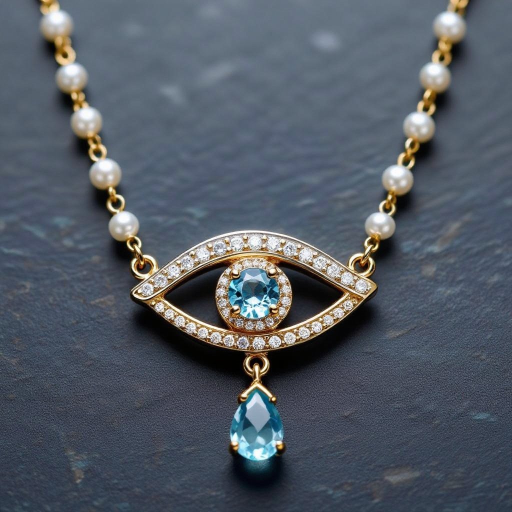 Тонкая цепочка с золотыми и серебряными шариками и мелкими жемчужными камушками на цепочке есть кулон в форме глаза, зрачок глаза из аквамарина от глаза идет маленькая подвеска с маленькими камушками аквамарина 