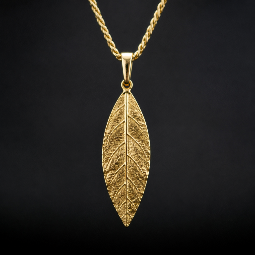 A minimalist women's pendant made of gold suitable for gift. Un colgante con una hoja de tabaco o un puro que se vea masculino
photorealistic jewelry design, A minimalist women's pendant made of gold suitable for gift. Un colgante con una hoja de tabaco o un puro que se vea masculino, minimalist style, just the design no text