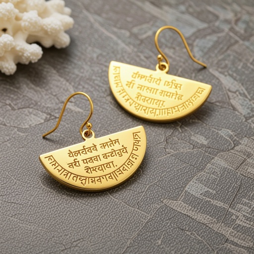 Серьги золотые в форме полумесяца, полукруг как продолжение застежки, на полукруге надписи мантрами на санскрите