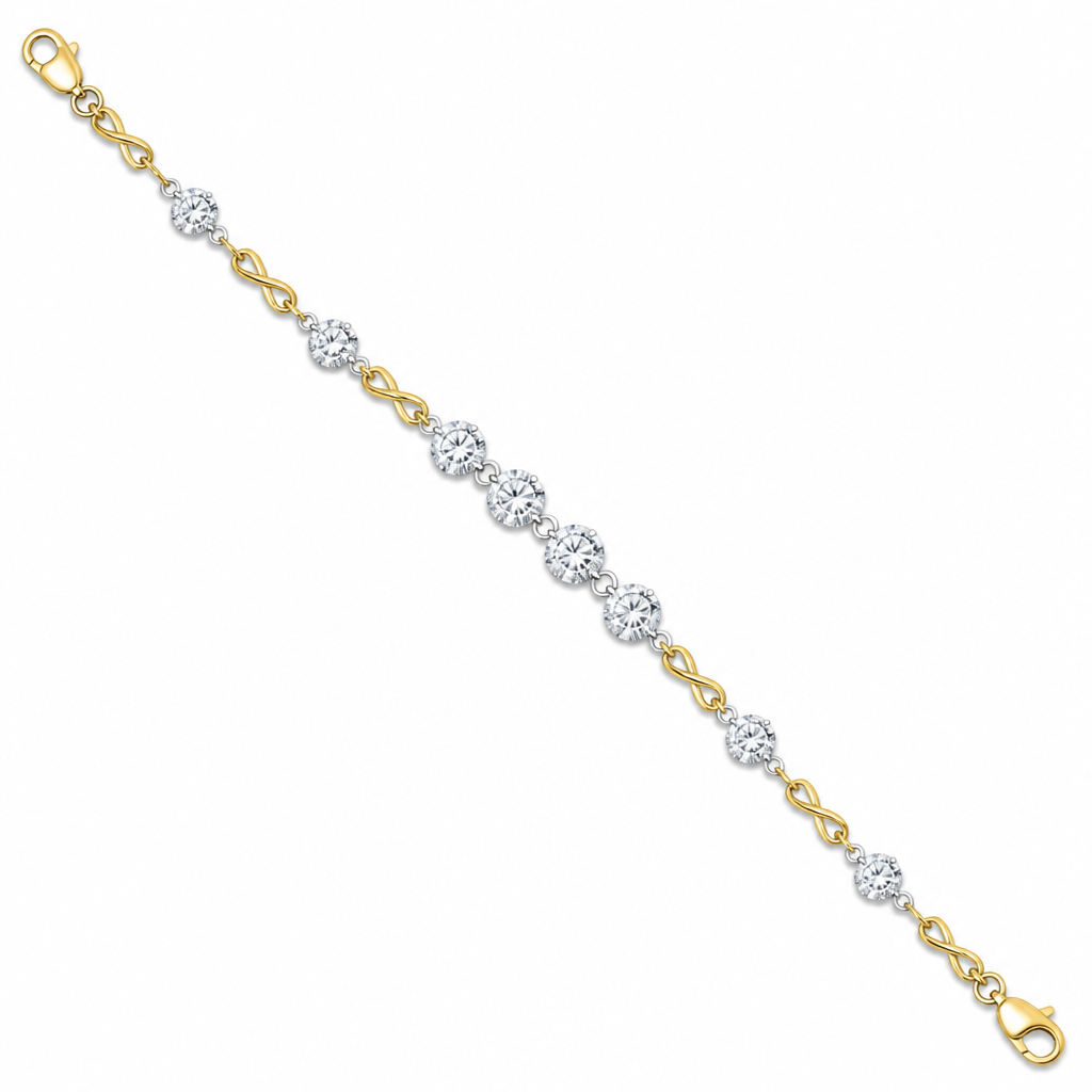 create a diamond bracelet with exactly12 diamonds arranged into 7 stations of diamonds where each station is separated by yellow gold twist connectors. diamonds set in white gold prongs separated by jump rings within each station. Arrange diamonds and twist connectors (all linked with jump rings) in the following order:Clasp
Twist
2.6mm
Twist
3.4mm
3.7mm
Twist
3.95mm
4.25mm
4.45mm
Twist
4.4mm
4.24mm
3.95mm
Twist
3.8mm
3.35mm
Twist
2.55mm
Twist
Clasp
photorealistic jewelry design, create a diamond bracelet with exactly12 diamonds arranged into 7 stations of diamonds where each station is separated by yellow gold twist connectors. diamonds set in white gold prongs separated by jump rings within each station. Arrange diamonds and twist connectors (all linked with jump rings) in the following order:Clasp
Twist
2.6mm
Twist
3.4mm
3.7mm
Twist
3.95mm
4.25mm
4.45mm
Twist
4.4mm
4.24mm
3.95mm
Twist
3.8mm
3.35mm
Twist
2.55mm
Twist
Clasp, just the design no text