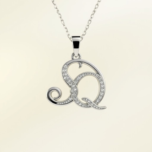 silver necklace with the pendant in letter letters SQ with white  stones. Make it cute and simple 