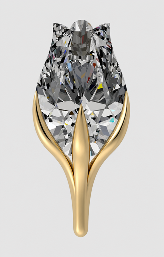 Attached is the exact diamond shape to use. HARD CONSTRAINT, NON-NEGOTIABLE: the crest — the small rounded central dome at the top — must remain 100% exposed, no metal touching it anywhere. Render a gold pendant setting as three separate, individual sepal-like points rising from the stem below the stone — not two fused lobes, three distinct shapes with a clear visible gap of bare stone between each one. Each sepal touches the stone only briefly near its base, tapering to a fine point partway up the stone's side. The stone's lower body and girdle must remain visible and rounded, with no point, in the gaps between the sepals. Below, the three sepals converge into a single tapered stem, roughly one-third the stone's height, ending in a smooth rounded tip. Warm yellow gold, no vine texture or leaf veining — clean, smooth, abstract sepal shapes only. Photorealistic, plain light background, front elevation.
Attached is the exact diamond shape to use. HARD CONSTRAINT, NON-NEGOTIABLE: the crest — the small rounded central dome at the top — must remain 100% exposed, no metal touching it anywhere. Render a gold pendant setting as three separate, individual sepal-like points rising from the stem below the stone — not two fused lobes, three distinct shapes with a clear visible gap of bare stone between each one. Each sepal touches the stone only briefly near its base, tapering to a fine point partway up the stone's side. The stone's lower body and girdle must remain visible and rounded, with no point, in the gaps between the sepals. Below, the three sepals converge into a single tapered stem, roughly one-third the stone's height, ending in a smooth rounded tip. Warm yellow gold, no vine texture or leaf veining — clean, smooth, abstract sepal shapes only. Photorealistic, plain light background, front elevation.