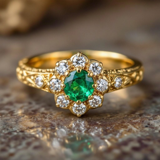 Anillo con Central de esmeralda redonda con 6 diamantes al rededor en oro amarillo 