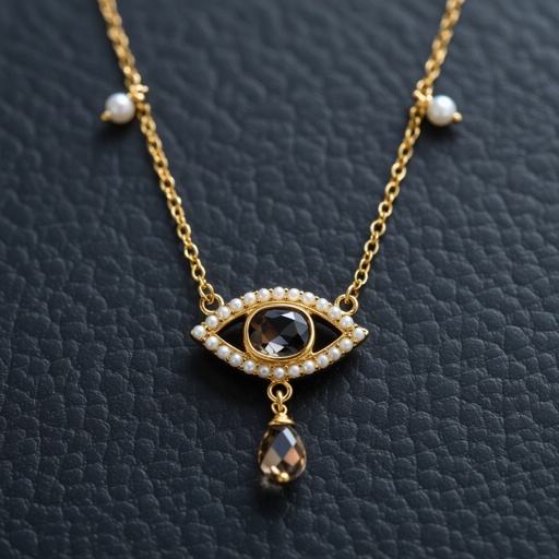 Тонкая цепочка с золотыми шариками и мелкими жемчужными камушками на цепочке есть кулон в форме глаза, зрачок глаза из раухтопаза от глаза идет маленькая подвеска с маленьким камушком 