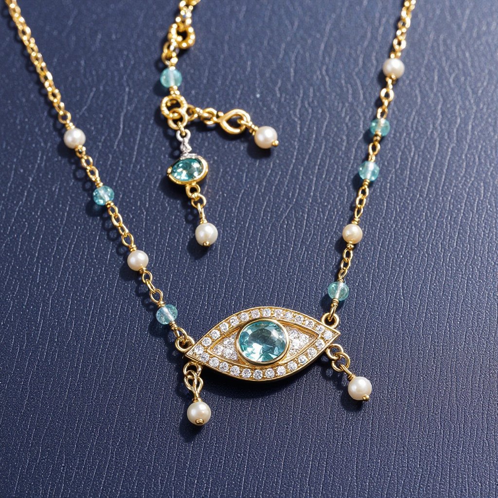 Тонкая цепочка с золотыми и серебряными шариками и мелкими жемчужными камушками на цепочке есть кулон в форме глаза, зрачок глаза из аквамарина от глаза идет маленькая подвеска с маленькими камушками аквамарина 