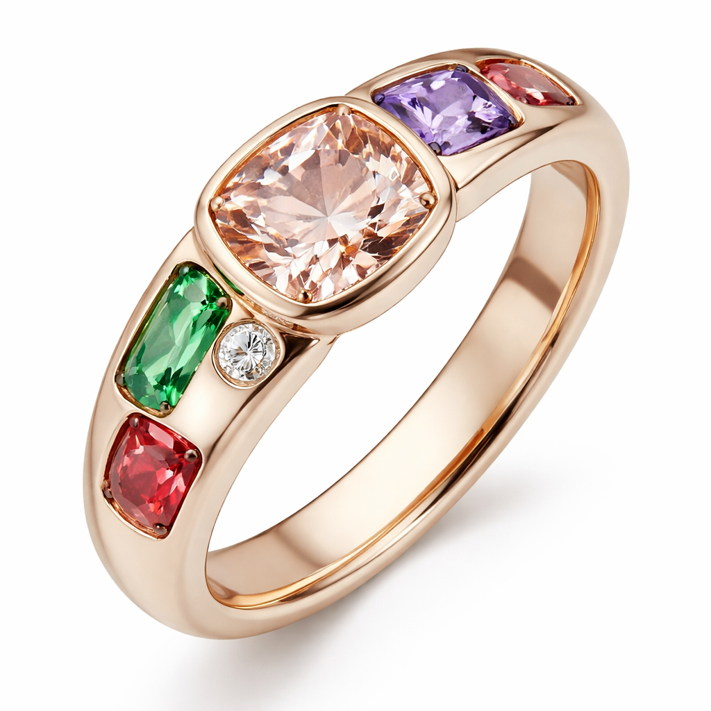 Crée moi une bague avec une morganite coussin une tsavorite taille émeraude un diamant rond un Spinel Lila taille émeraude et un Spinel rouge coussin les pierre font moins d’un demi carat sauf la morganite les pierres sont intégrés dans le corp de bague en sertie masse