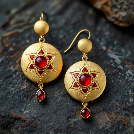  золотые матовые серьги в виде изображения чакры муладхары с красным камнем