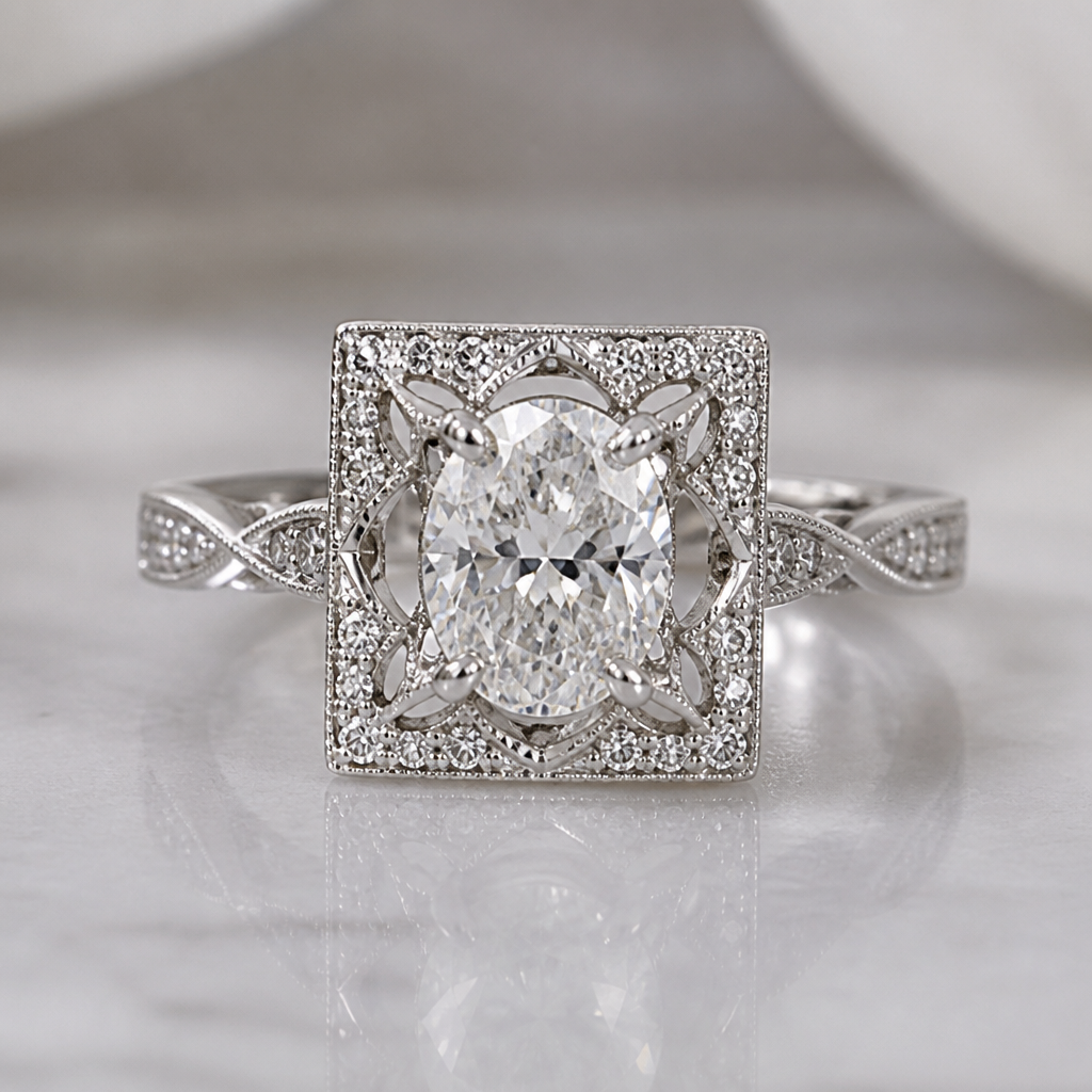 A women's ring made of silver with diamond stones. bague sertie d'un diamant oval, à l'intérieur du carré femini travaillé et delicat
photorealistic jewelry design, A women's ring made of silver with diamond stones. bague sertie d'un diamant oval, à l'intérieur du carré femini travaillé et delicat, modern style, just the design no text