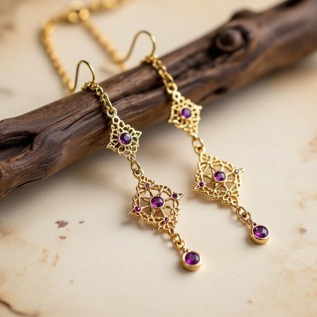 Серьги длинные на цепочках матовое золото мятое. Символ схематично созвездие. Маленькие фиолетовые камушки