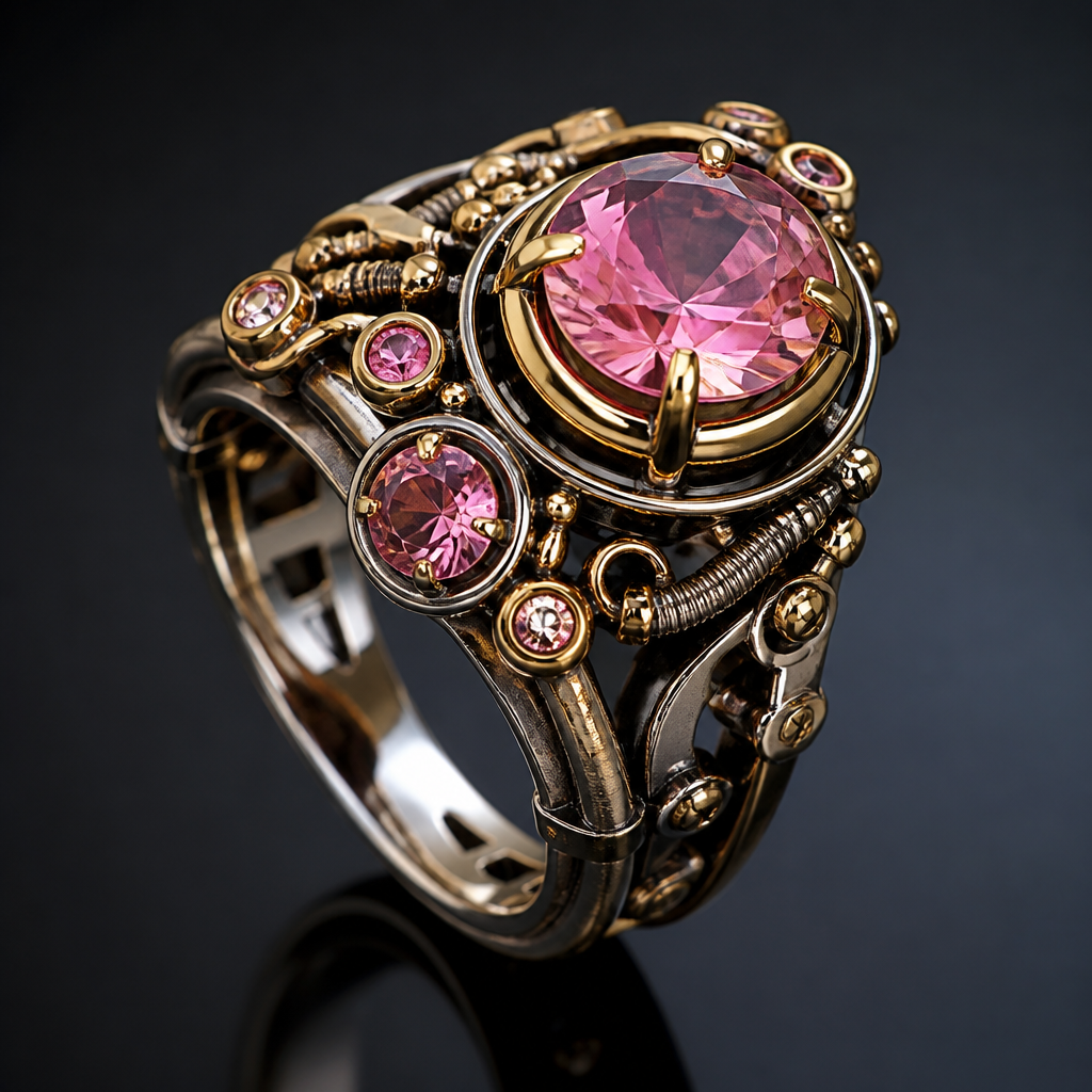 A women's ring. кольцо в стиле стимпанк с розовыми камнями
photorealistic jewelry design, A women's ring. кольцо в стиле стимпанк с розовыми камнями, modern style, just the design no text