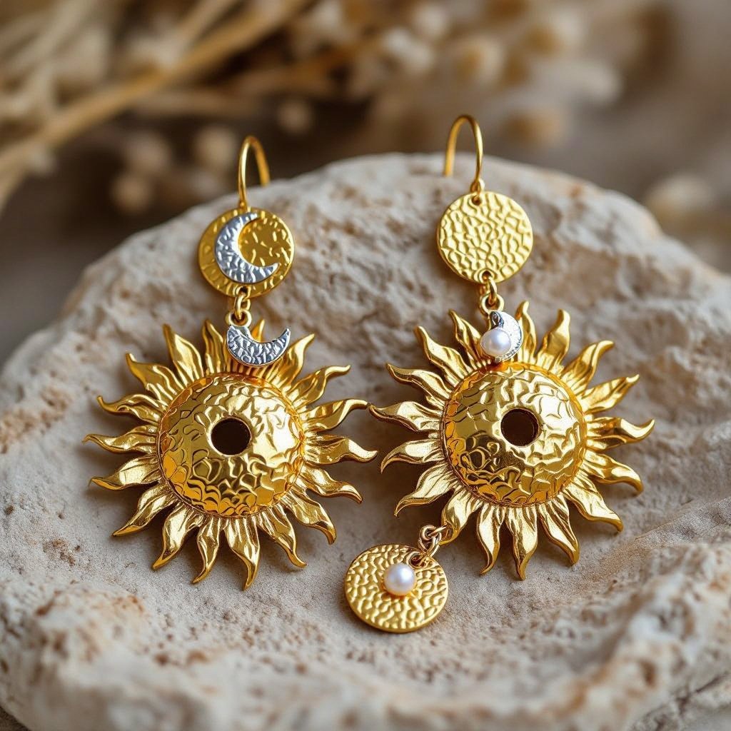 Золотые серьги словно мятое золото в форме горящего солнца с волнистыми лучами, в центре солнца круглая дыра. крепится к застежке серьги. К нижней части солнца крепятся подвески: миниатюрная серебристая луна, очень маленький жемчуг и маленький золотой кружочек с мятым эффектом плоский