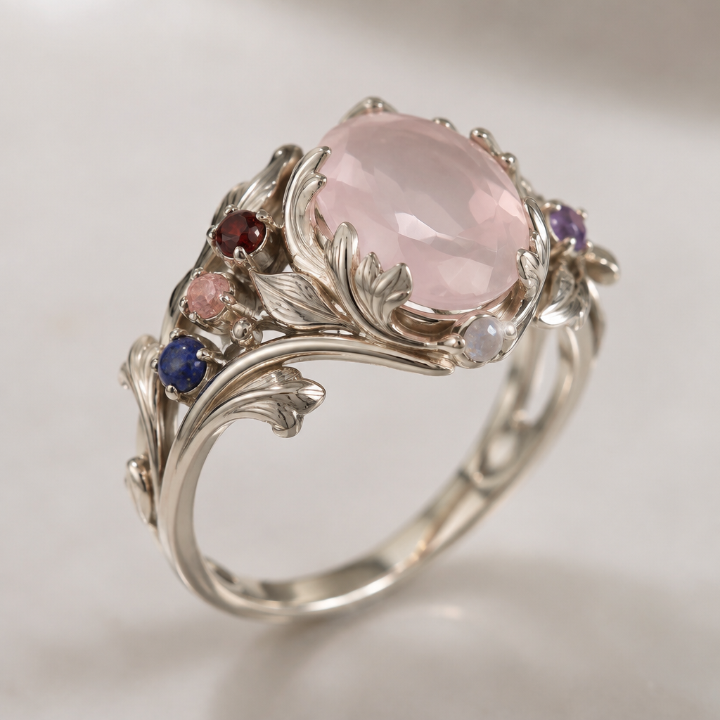 A art nouveau women's ring made of white gold suitable for wedding. colorful wedding ring with love gems like rose quartz, rhodonite, lapis lazuli, garnet, moonstone, and amethyst. with rose quartz being the main stone and the others much smaller
photorealistic jewelry design, A art nouveau women's ring made of white gold suitable for wedding. colorful wedding ring with love gems like rose quartz, rhodonite, lapis lazuli, garnet, moonstone, and amethyst. with rose quartz being the main stone and the others much smaller, art_nouveau style, just the design no text