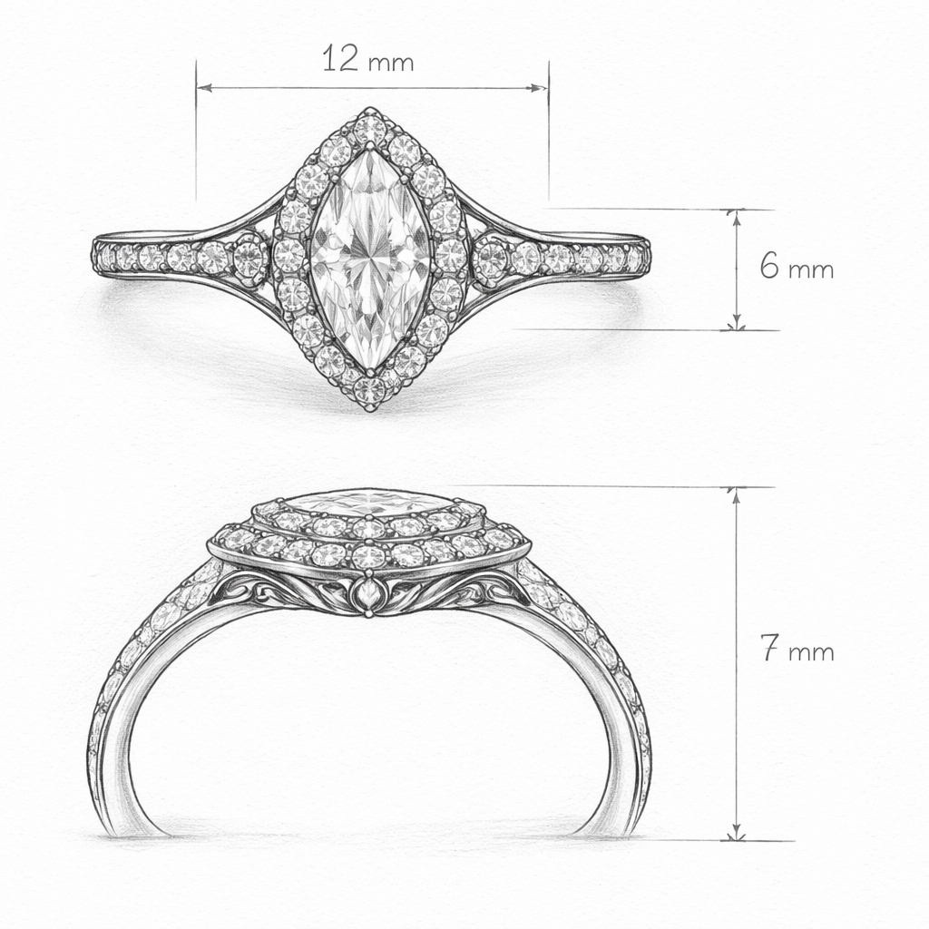 Ring marquise ring in sketch with messurements
