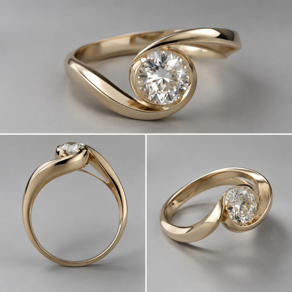 A women's ring. make three photos of a 3D ring drawing
photorealistic jewelry design, A women's ring. make three photos of a 3D ring drawing, modern style, just the design no text