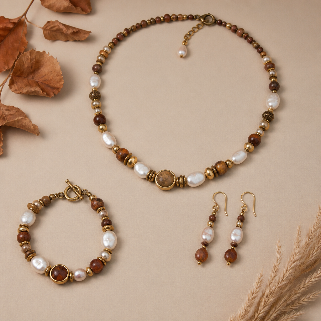 I want to design a matching jewelry set including a necklace, earrings, and bracelet, inspired by autumn and boho style, combining pearls with a look that is both pretty and edgy.
photorealistic jewelry design, I want to design a matching jewelry set including a necklace, earrings, and bracelet, inspired by autumn and boho style, combining pearls with a look that is both pretty and edgy., beaded style, just the design no text