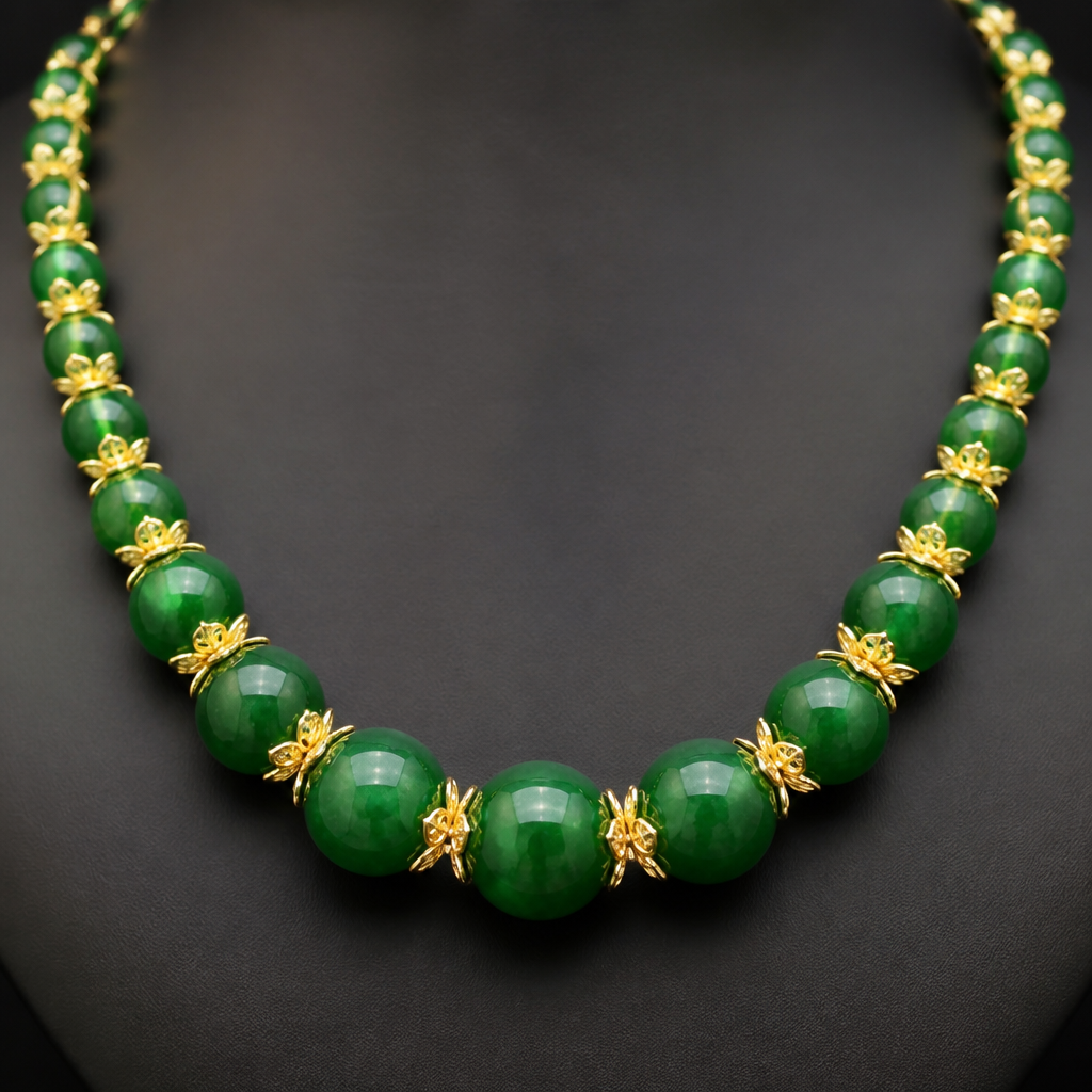 A luxury women's necklace made of gold. A green jade necklace with gold flowers holding the jade balls that are of alternating size with smaller ones on the sides with size gradually increasing towards the middle. make sure to add balls for the whole length of the necklace and make the balls larger
photorealistic jewelry design, A luxury women's necklace made of gold. A green jade necklace with gold flowers holding the jade balls that are of alternating size with smaller ones on the sides with size gradually increasing towards the middle. make sure to add balls for the whole length of the necklace and make the balls larger, luxury style, just the design no text