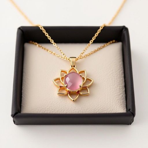 Золотая матовая цепочка. Подвеска лотос шесть лепестков не круглый . В сердце лотоса матовый розовый кварц овальный